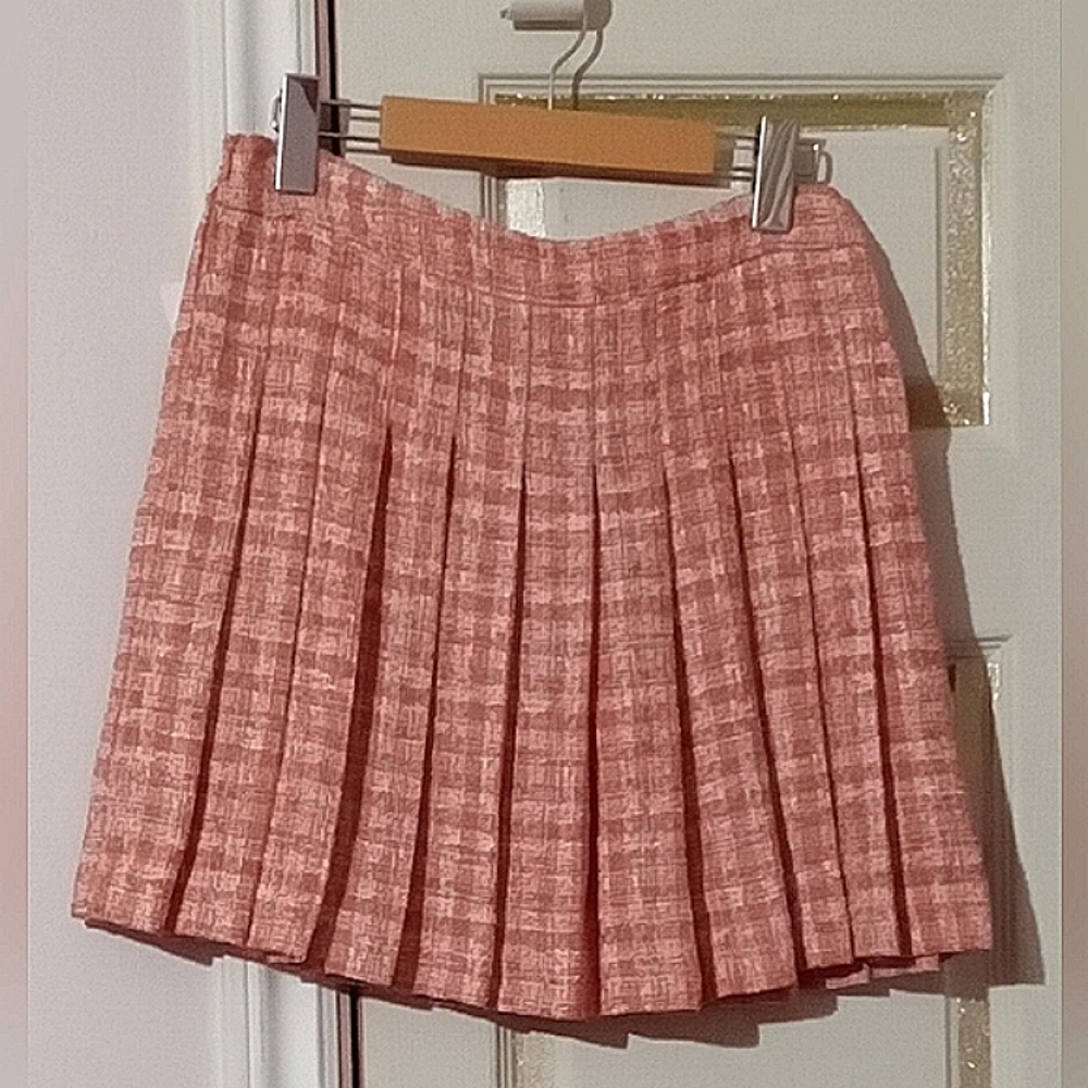 ZARA🐞Y2K Tweed Plaid Orange Cream Pleated Mini High Waisted Skirt Sz:S - Picture 6 of 9